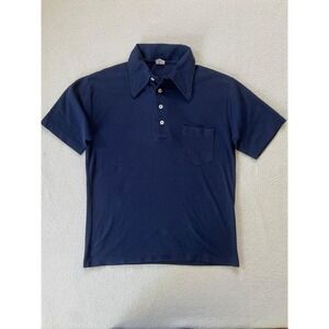 Vintage 1970s Maverick Mens Large Polo Shirt Navy Blue Kodel Blend USA Made